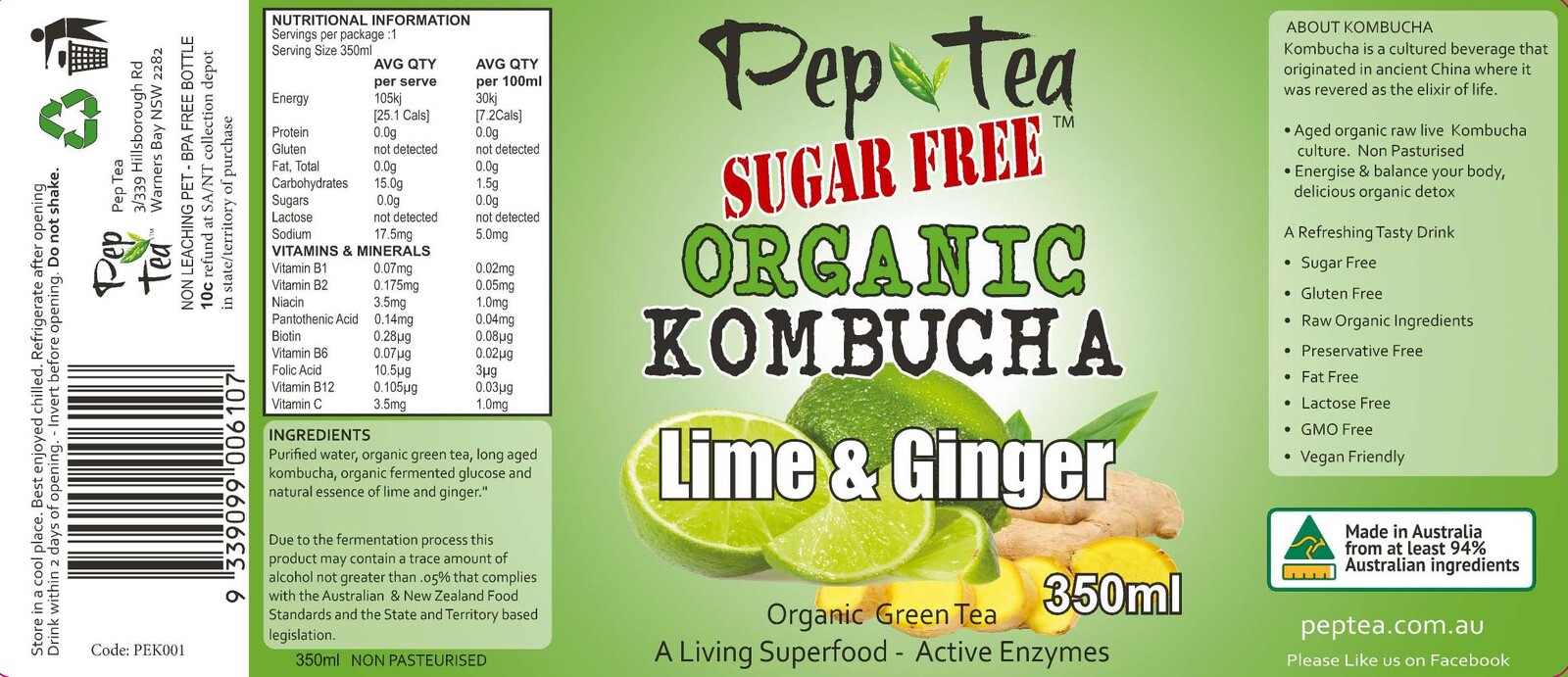 Organic Kombucha Tea - Lime & Ginger - SUGAR FREE Drinks - 12 Pack