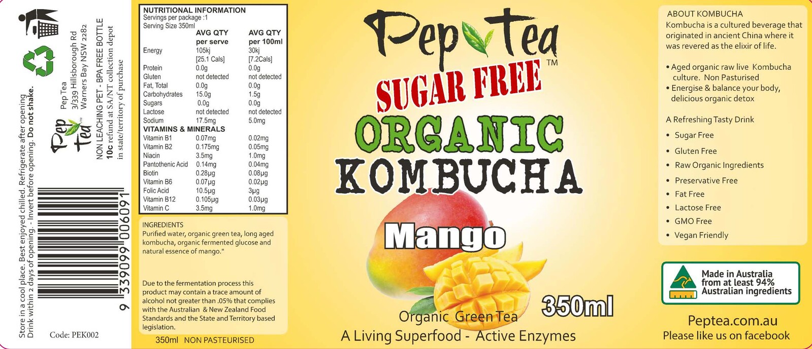 Organic Kombucha Tea - Mango - Sugar Free Drinks 350ml  Box of 12