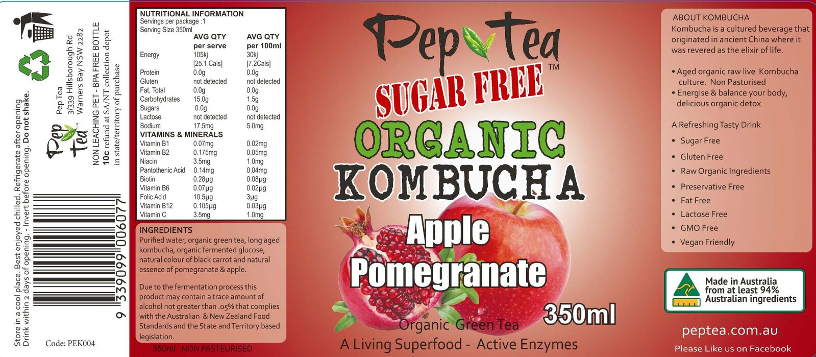 Organic Kombucha - Apple Pomegranate Sugar Free 350ml  Box of 12
