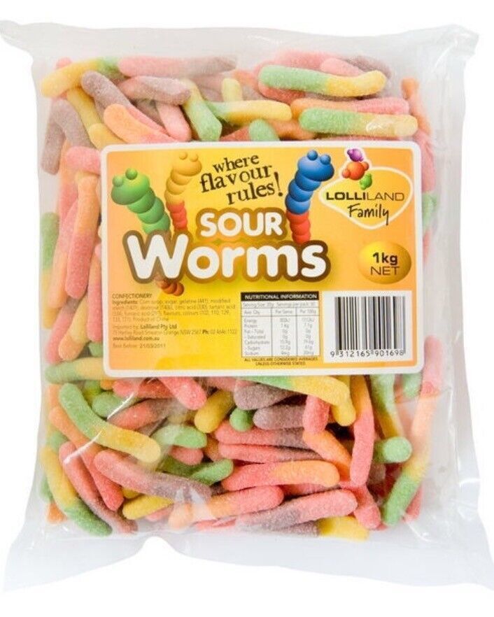 Sour Worms 1kg Bulk Lollies Bag for Lolly Buffet - Lolliland