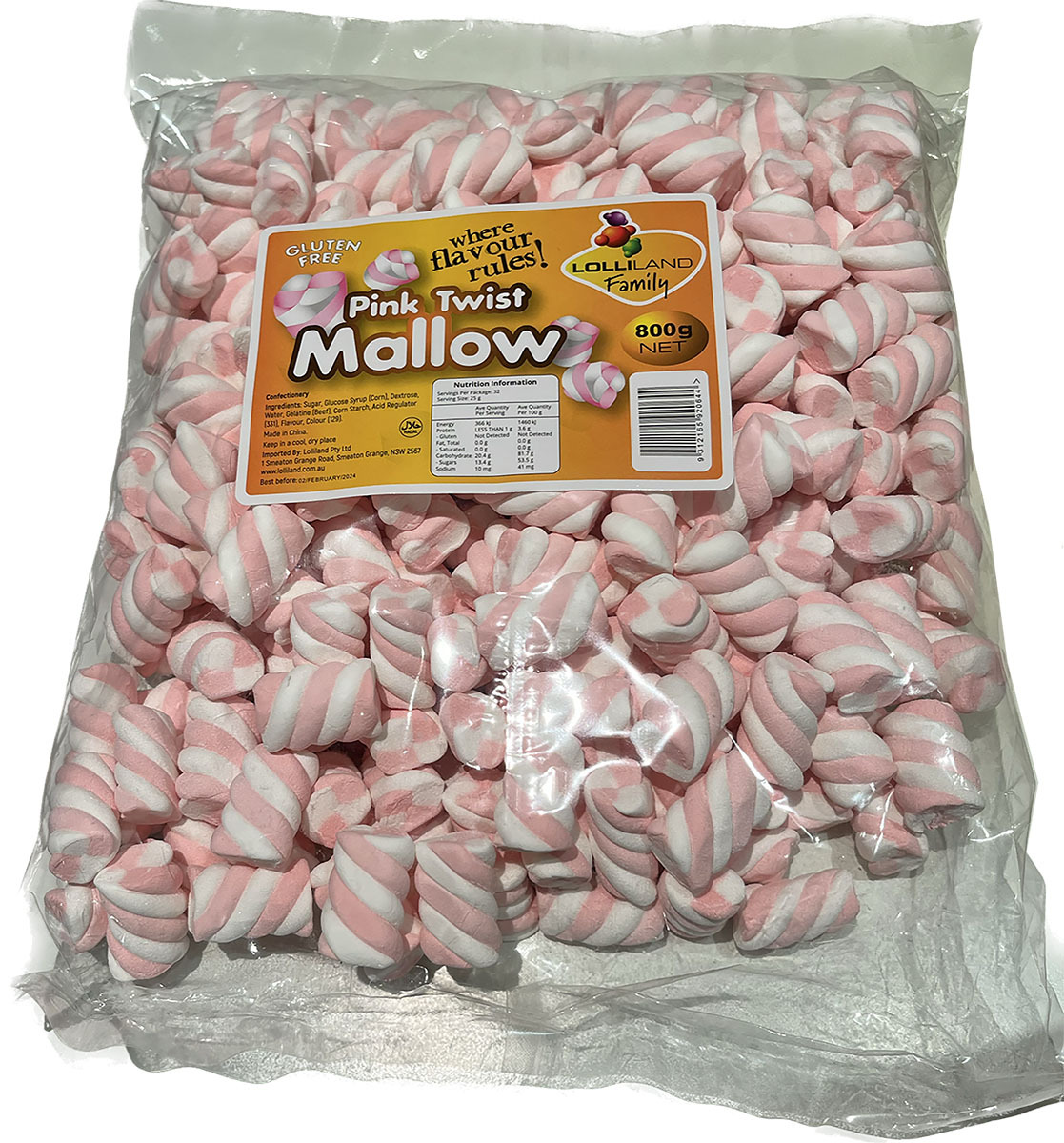 Pink & White Marshmallow Twists 800g Bulk Lollies Bag - Lolliland (BB 02/02/2024)