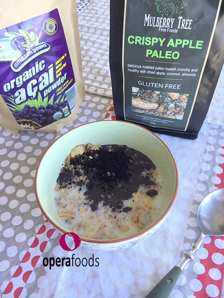 Acai berry powder served on a Paleo granola from Opera Foods #operafoods #paleo #acai