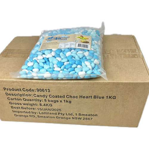 Chocolate Candy Hearts Blue & White 8x1kg Carton ( Best Before - January 15, 2025 )