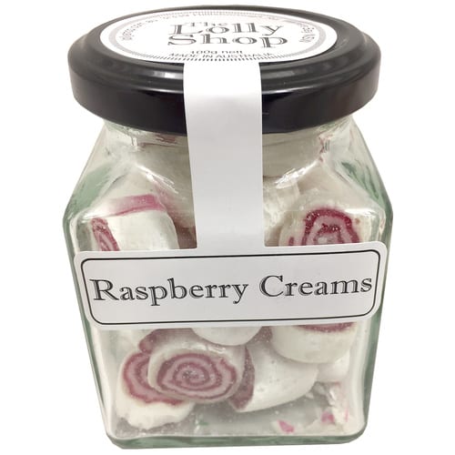 Raspberry Creams Boiled Lollies or Rock Candy 130g Jars - Carton of 12  ( Best Before - October 31, 2025 )